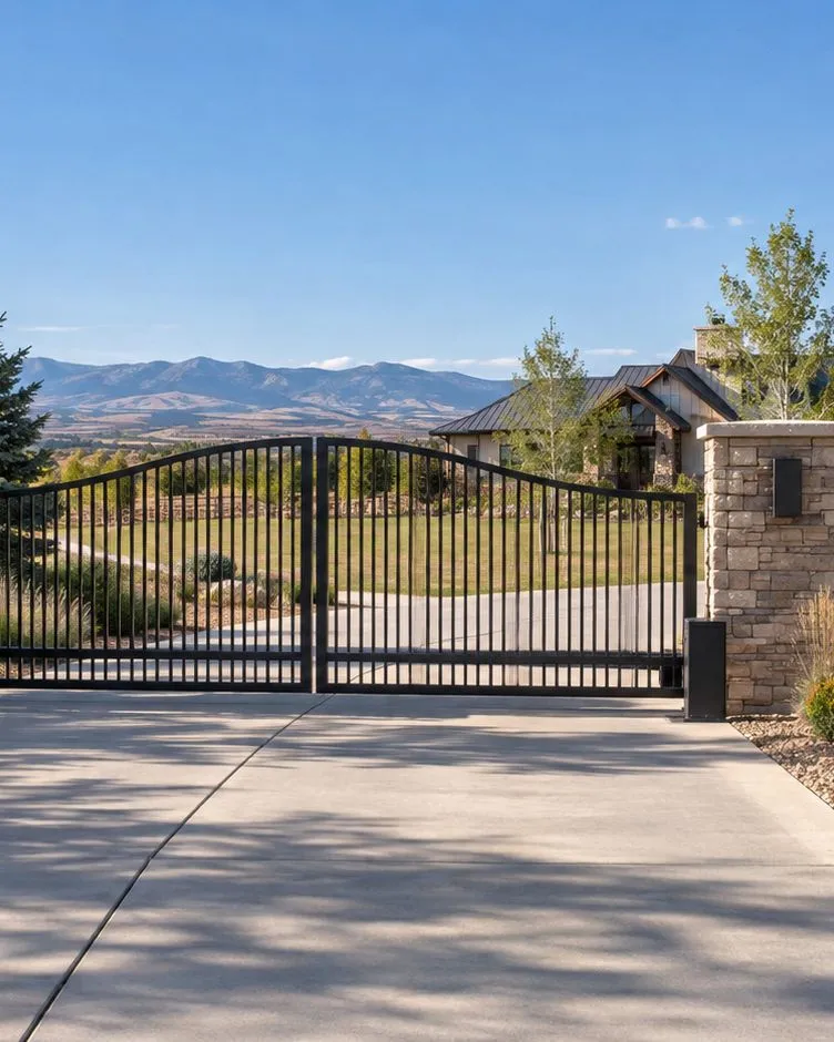 Black arched double driveway gate between stone pillars, with a matching pedestrian gate to the right