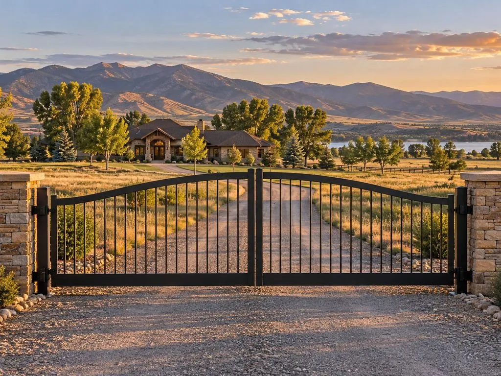 Closed arched black double gate between stone pillars on a gravel drive to a stone ranch house, mountains at dusk