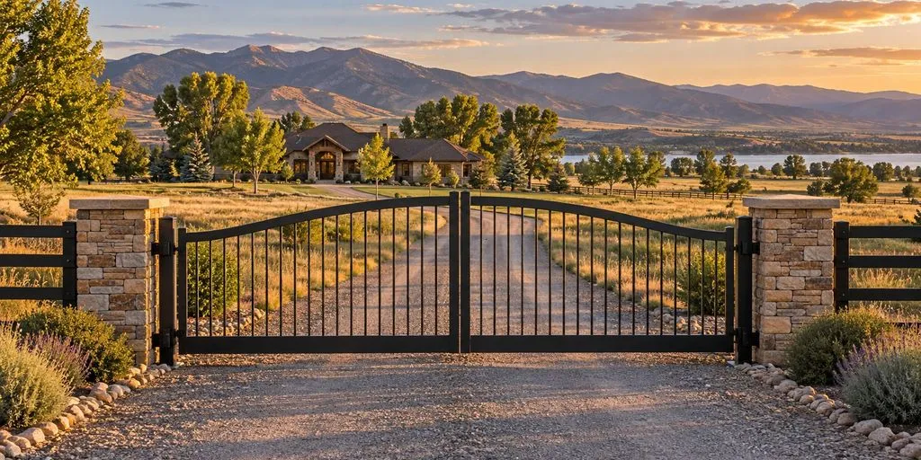 Closed arched black double gate between stone pillars on a gravel drive to a stone ranch house, mountains at dusk