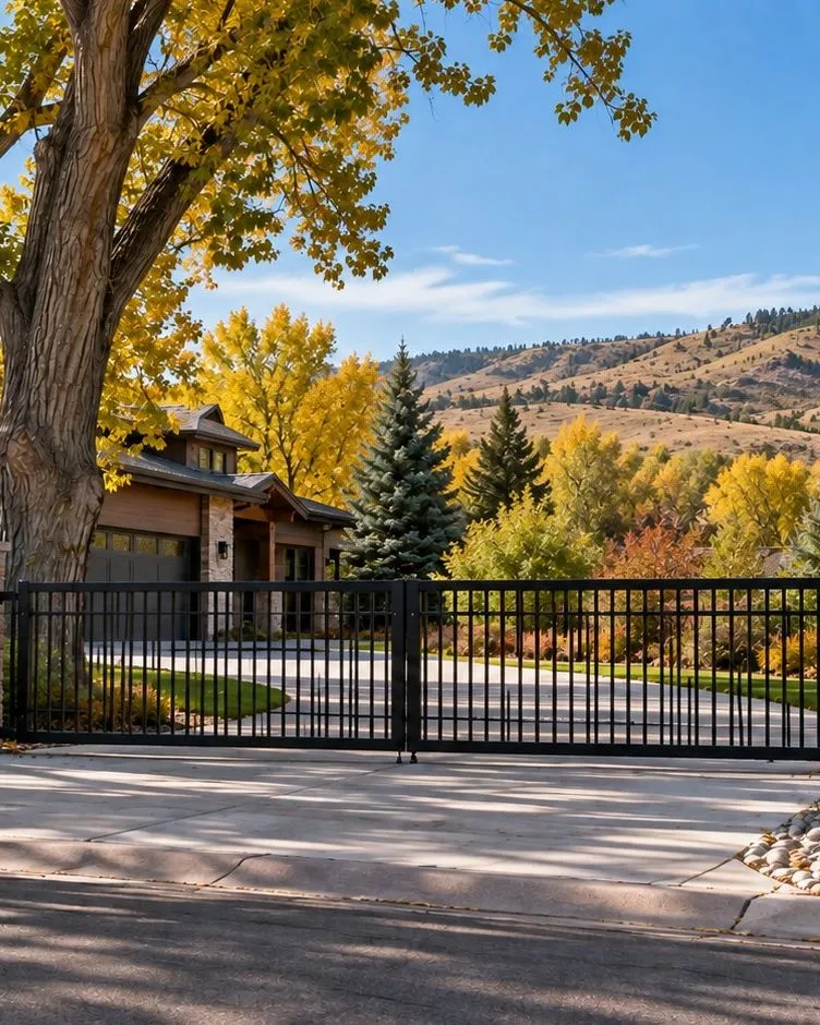 Closed black flat-top double gate between stone pillars, a house behind yellow autumn trees and hills beyond