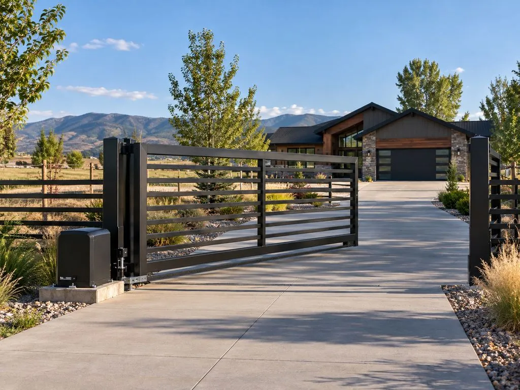 Black horizontal-slat slide gate with a pad-mounted operator across a concrete driveway to a modern house