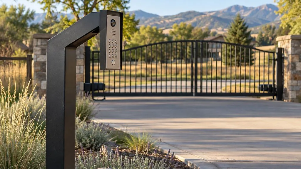 Keypad entry post with camera beside a concrete driveway, black arched double gate closed in the background