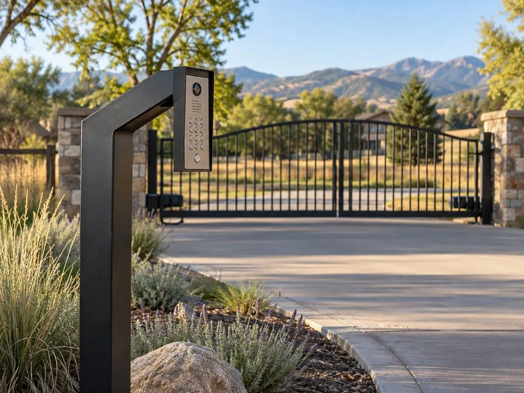 Keypad entry post with camera beside a concrete driveway, black arched double gate closed in the background
