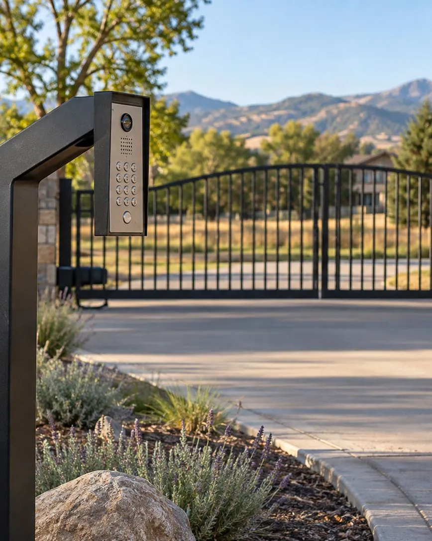 Keypad entry post with camera beside a concrete driveway, black arched double gate closed in the background