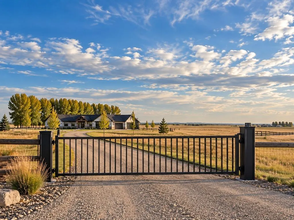 Closed black single swing gate on a gravel drive leading across open grassland to a ranch house under a cloudy sky