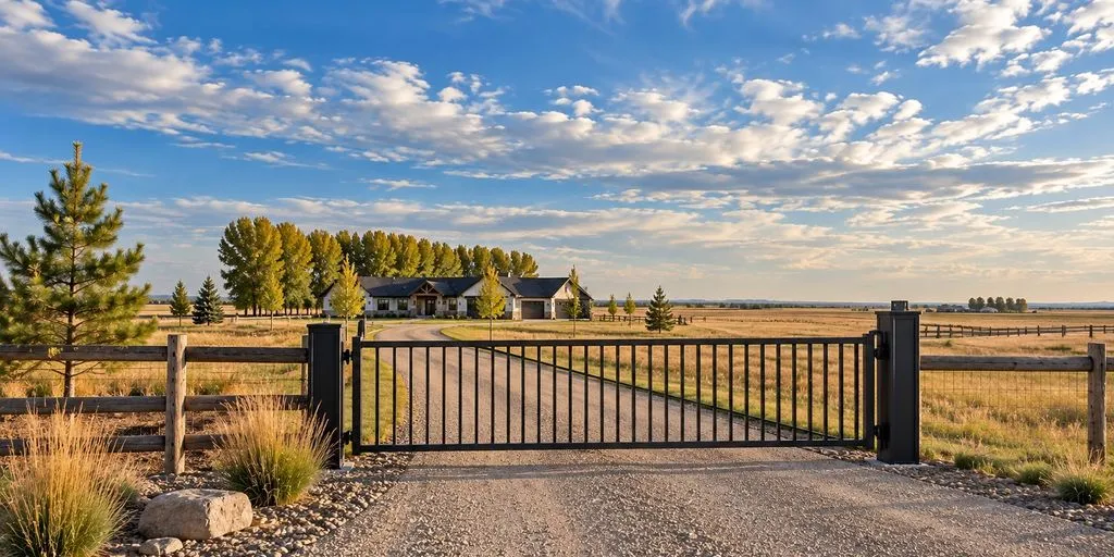 Closed black single swing gate on a gravel drive leading across open grassland to a ranch house under a cloudy sky