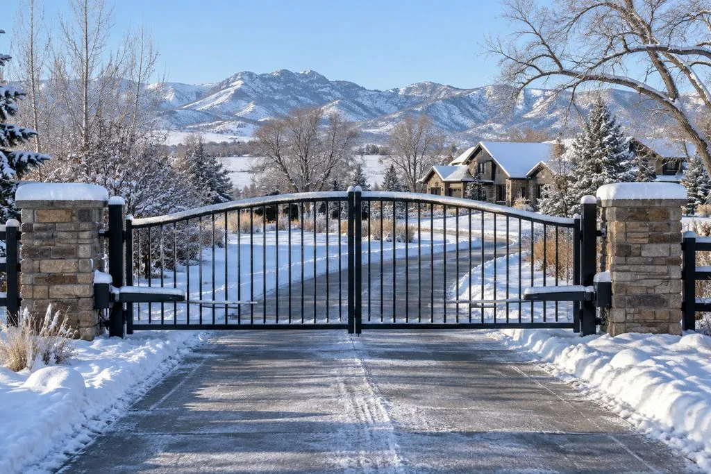 Closed black arched double gate with arm operators, snow on the stone pillars and an icy driveway beyond