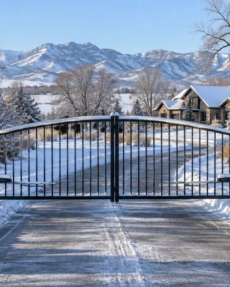 Closed black arched double gate with arm operators, snow on the stone pillars and an icy driveway beyond