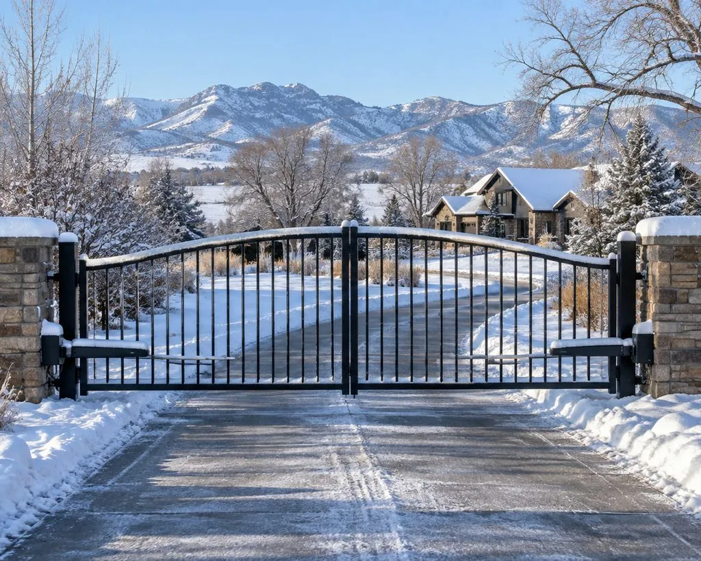 Closed black arched double gate with arm operators, snow on the stone pillars and an icy driveway beyond
