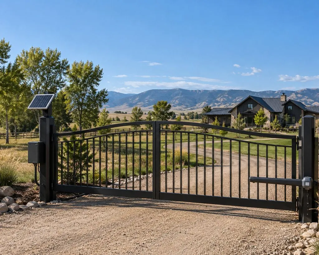 Black double swing gate with a small solar panel and control box on the left post and an arm operator on the right