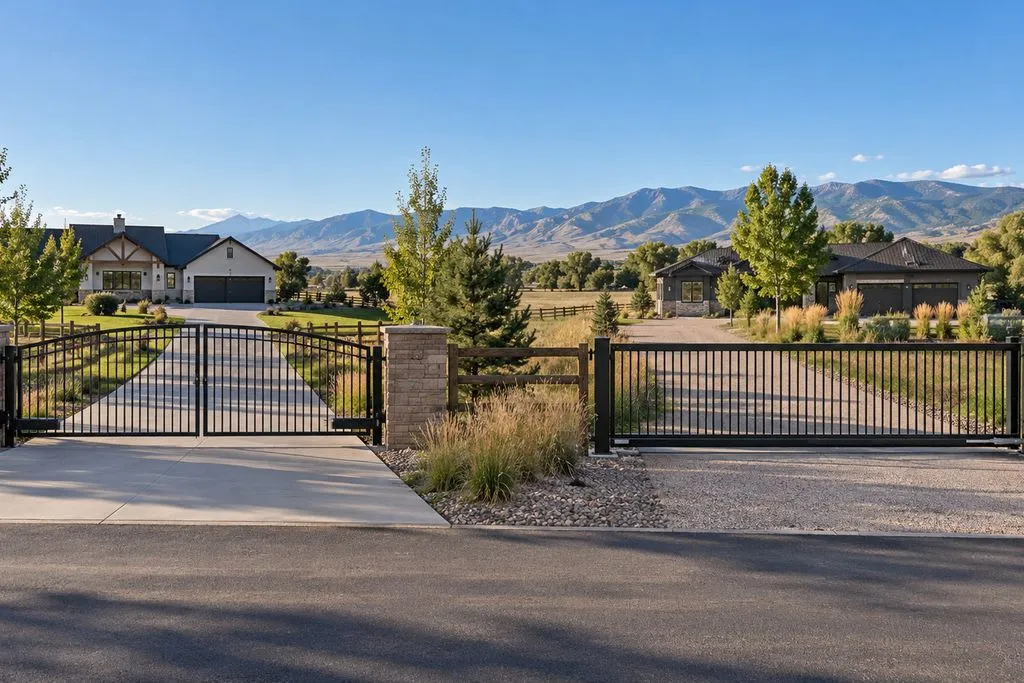 Two driveways side by side: an arched double swing gate on the left and a flat-top slide gate on the right