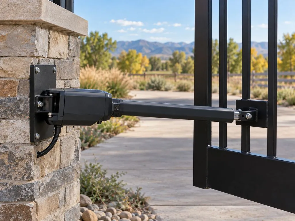 Close-up of a linear actuator arm bolted to a stone pillar and connected to a black steel gate frame