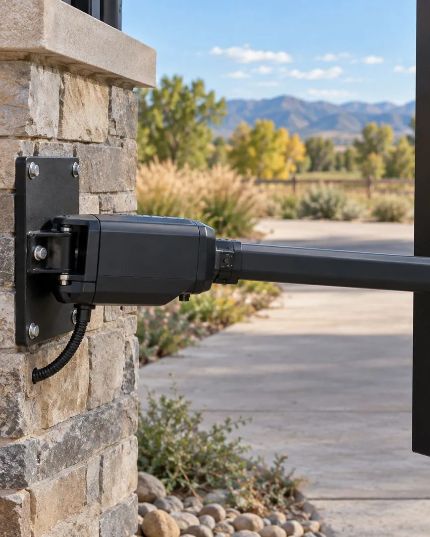 Close-up of a linear actuator arm bolted to a stone pillar and connected to a black steel gate frame